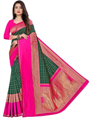 FLOVIZONE HUB Self Design Bollywood Silk Blend Saree(Dark Green, Pink)