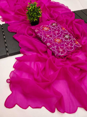 ShopGlobal Floral Print Bollywood Georgette Saree(Magenta)