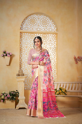 Tasrika Digital Print Banarasi Cotton Linen Saree(Multicolor)