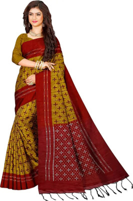Bhadra Printed Sambalpuri Pure Cotton Saree(Yellow, Red)