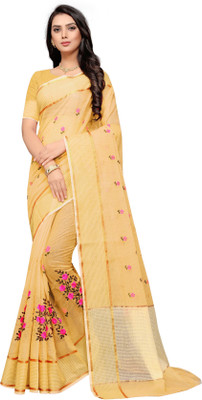Leeza Store Embroidered Daily Wear Net Saree(Yellow)