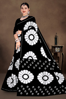 mahakali Printed Bandhani Pure Cotton Saree(Black)