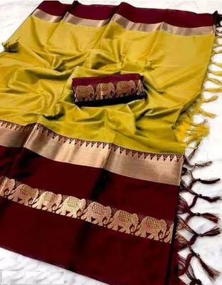 Aquiliq Woven Kanjivaram Cotton Silk, Silk Blend Saree(Maroon, Mustard)
