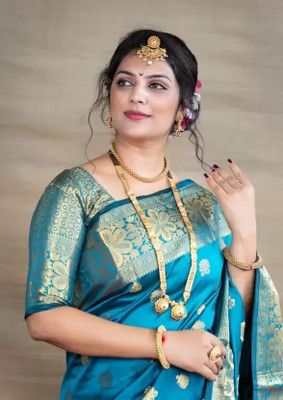 KANGLI Woven Banarasi Cotton Silk Saree(Blue)