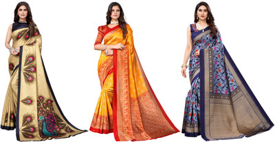 YASHIKA Printed, Woven Mysore Art Silk Saree(Pack of 3, Gold, Yellow, Blue)