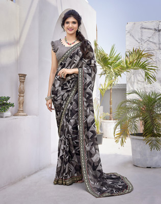 Divastri Printed Bollywood Georgette, Lace Saree(Grey)