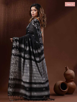Gitobitan Woven Tant Cotton Silk Saree(Black, Grey)