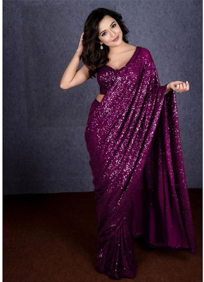 SANSKAR TEXTILE Embroidered, Embellished Bollywood Georgette Saree(Purple)