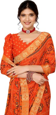 Priyashi Printed Daily Wear Georgette, Lace Saree(Orange)