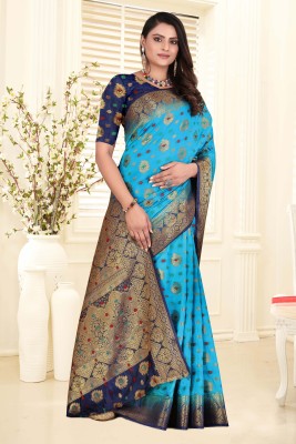 K D F Printed Kanjivaram Cotton Silk Saree(Light Blue)