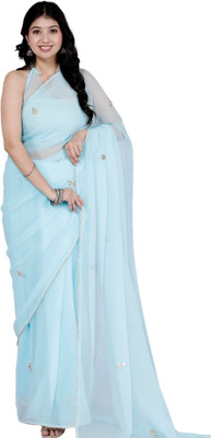 kaccha Soot Embroidered Handloom Georgette Saree(Light Blue, Gold)