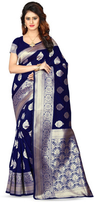 Flybird Fashion Woven Banarasi Jacquard Saree(Dark Blue)