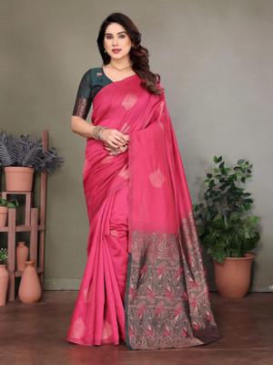 JEEMONJA SALES Woven Kanjivaram Pure Silk, Art Silk Saree(Pink)