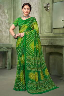 SainiVastra Printed Bandhani Chiffon Saree(Green)