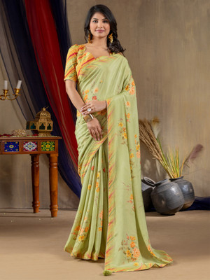 ANOUK Floral Print Hand Batik Viscose Rayon Saree(Light Green)