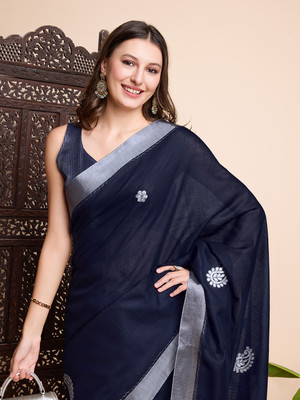 100 DREAMS Embroidered Handloom Linen Saree(Dark Blue)