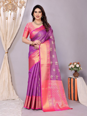 ALPENIKA Woven Kanjivaram Silk Blend, Jacquard Saree(Purple)