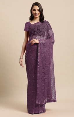 LOROFY Embellished Bollywood Net, Jacquard Saree(Purple)