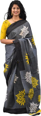Tropwear Printed, Self Design, Digital Print, Hand Painted, Blocked Printed Ikkat Pure Cotton Saree(Grey)