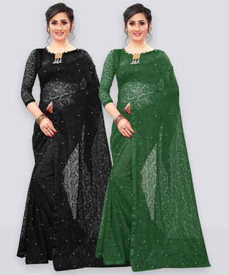 LOROFY Embellished Bollywood Net Saree(Pack of 2, Green, Black)