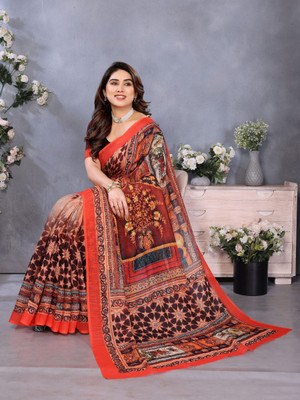 Soor Panchi Printed Bollywood Cotton Linen Saree(Maroon)