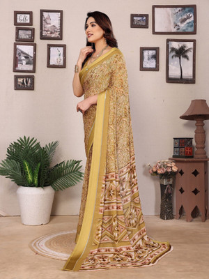 RAJESHWAR FASHION Floral Print Daily Wear Silk Blend Saree(Mustard, Gold)