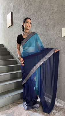 HouseOfCommon Solid/Plain Bollywood Georgette Saree(Blue)