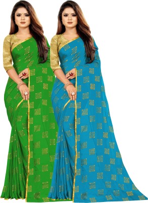 V And V Shop Printed Bollywood Chiffon Saree(Pack of 2, Green, Light Blue)