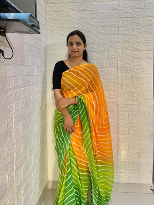 Moda Rapido Striped Bollywood Georgette Saree(Yellow, Green)