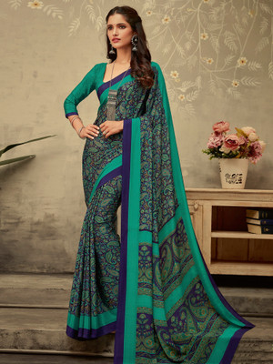 Sareemall Printed Kalamkari Crepe Saree(Dark Blue)