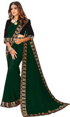 Georgette Saree Dyed, Self Design, Solid/Plain, Digital Print Jamdani Georgette, Chiffon Saree(Dark Green)