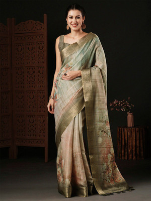 ANOUK Floral Print Chinnalapattu Silk Blend Saree(Light Green)