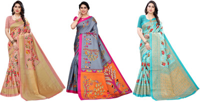 Nirvaan Printed Kalamkari Art Silk Saree(Pack of 3, Pink, Grey, Blue)