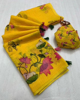 Vraggi Floral Print Bollywood Linen Saree(Mustard)
