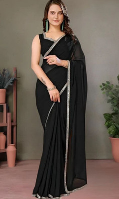BK COLLECTION Solid/Plain Bollywood Georgette Saree(Black)