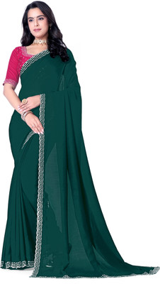 radhe creation Self Design Bollywood Silk Blend Saree(Dark Green)