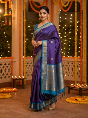 ASCREATIONOO Woven, Self Design, Temple Border Kanjivaram Cotton Silk Saree(Multicolor)