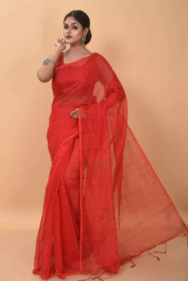 Parbati fashion Solid/Plain Handloom Cotton Silk Saree(Orange)