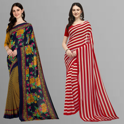 Anand Sarees Printed Daily Wear Georgette Saree(Pack of 2, Dark Blue, Red)