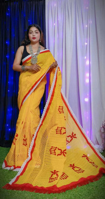 Ramisha Sarees Embroidered Handloom Pure Cotton Saree(Yellow, Red)