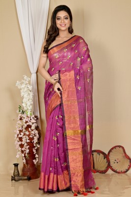 DipDiya Embroidered, Embellished, Self Design, Woven Handloom Cotton Blend Saree(Purple)