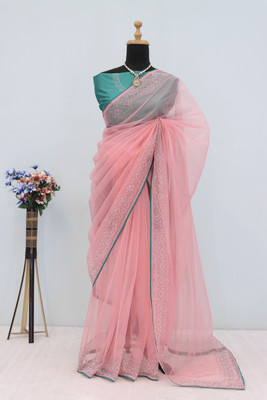 JENNYFEB Embellished Bollywood Supernet Saree(Pink)