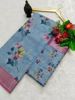 HouseOfCommon Printed Kanjivaram Pure Cotton, Cotton Linen Saree(Light Blue, Pink)