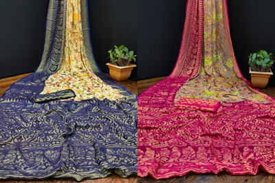 Sanjana Silk Printed Maheshwari Brasso Saree(Pack of 2, Blue)