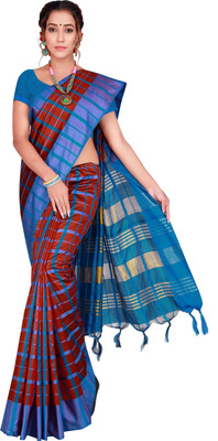 Shaibo saree Checkered Daily Wear Cotton Silk Saree(Blue)