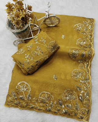 Grinovi Embroidered Bollywood Silk Blend Saree(Yellow)