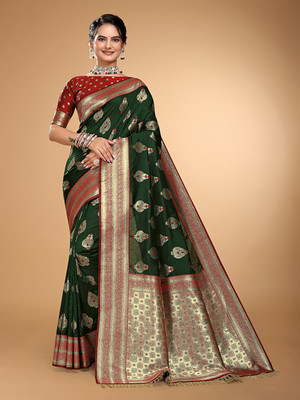 AAGIRI Applique, Dyed, Embellished, Floral Print, Self Design, Woven Banarasi Pure Silk, Jacquard Saree(Dark Green)