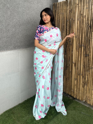 Pandadi Saree Floral Print Bollywood Satin Saree(Blue)