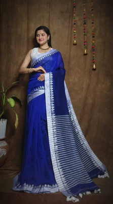Anidipta collection Self Design Handloom Cotton Blend Saree(Dark Blue)