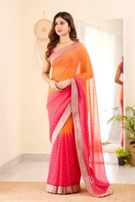 VISVASTA Embellished, Applique, Self Design, Woven, Printed, Floral Print Banarasi Georgette, Lace Saree(Orange)